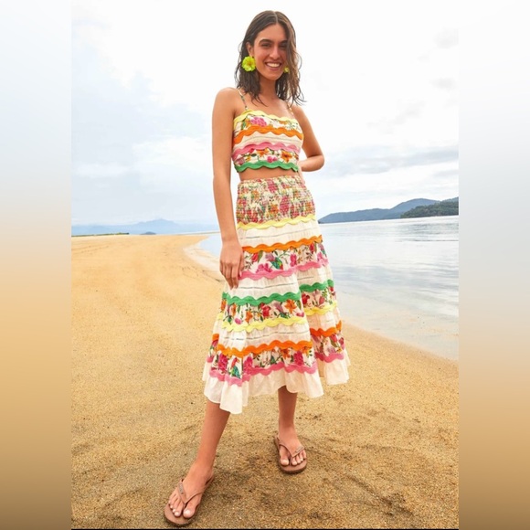 Farm Rio toucans garden midi skirt with ric rac trim - Picture 2 of 7